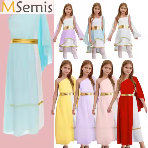 Teens Girls Ancient Greek Toga Goddesses Costumes Party Halloween Sleeveless Gold Trims Toga Greece 