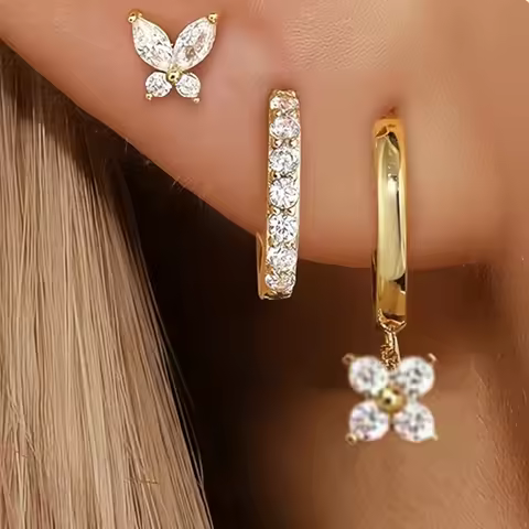 3PCS Butterfly Tragus Piercing Earring Set Women Fashion Crystal Huggie Hoop Earring Cartilage Helix