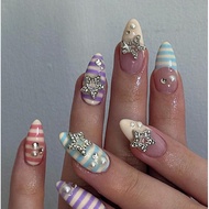 Cute French Short Almond Fake Nails with Glue Striped False Nails Press on Nails