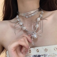 Necklace Irregular Sweet Spicy Double Layer y2k Collar Leather Necklace Pearl Spider Beaded Niche De