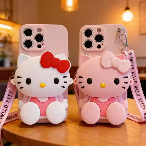 For iPhone 17 16 15 14 13 12 11 XR Xs 8 7 6 Pro Max mini Plus e Hello Kitty Wallet Case With Rope