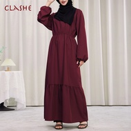 Jubah Long Abaya Elastic Waist Stitching Solid Color Long Sleeved A-line Baju Jubah Muslimah