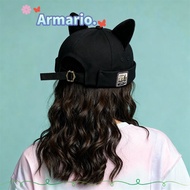 ARMARIO Brimless Hat, Cute Cat Ears Rolled Cuff Melon Docker Cap, Retro Style Hip Hop Solid Color Ad