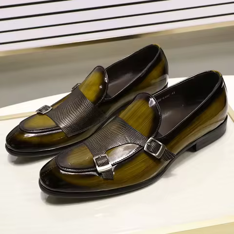 FELIX CHU Men's Patent Leather Loafers Black/Green Monk Strap Slip-On Shoes for Wedding Party Dress 