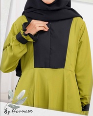 Gamis hermosa wollycrepe polos warna lime mix black-gamis lime polos-gamis hermosa motif terbaru