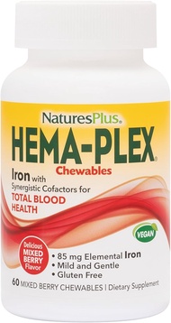 Natures Plus Hema-Plex Iron - 60 Mixed Berry Chewables - 85 mg Elemental Iron - Total Blood Health -