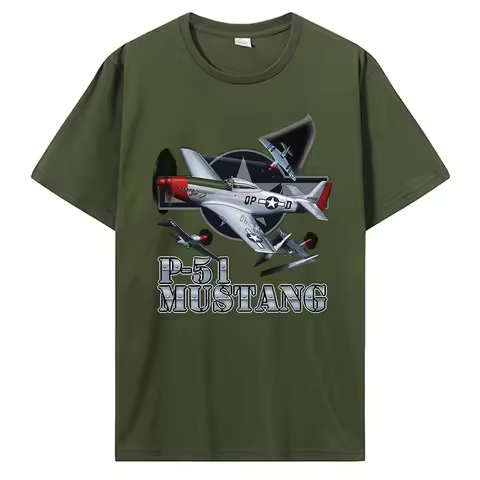 P-51 Mustang Aircraft 1940's WW2 Fighter Plane Men's T-Shirt P51 Air Combat Scene Printed Cotton Rou