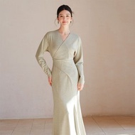 文藝復古新中式長裙 / 針織魚尾修身顯瘦 / 綠色高級連衣裙