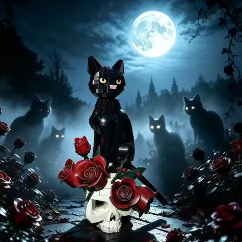 1576 pieces Rose Skeleton Black Cat Building Blocks City Set Desk Decoration Building Blocks Gift