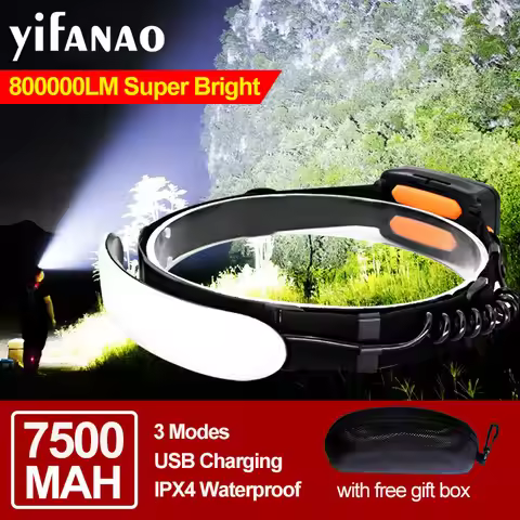 7500mAH 220° 800000LM Headlamp Portable Mini COB LED Headlight With Built-in Battery Flashlight USB