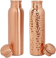 Art Of Creation Copper Water Bottle Set - 34 Oz Extra Large - Hammered And Plain Pack of 2 Ayurvedic Pure Copper Bottle For Drinking - Drink More Water And Get More Health Benefits Immediately