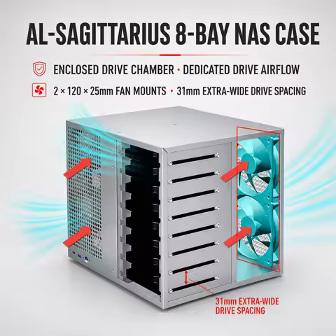 Sagittarius Aluminum Panel 8 Bay NAS Case Home Server Chassis
