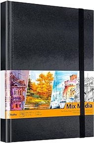 Mix Media Pad, Ohuhu 10"x7.4" Mixed Media Art Sketchbook, 120 LB/200 GSM Heavyweight Papers, 78 Sheets/156 Pages, PU Hardcover Mixed Media Paper Pad for Acrylic, Painting Christmas Gift