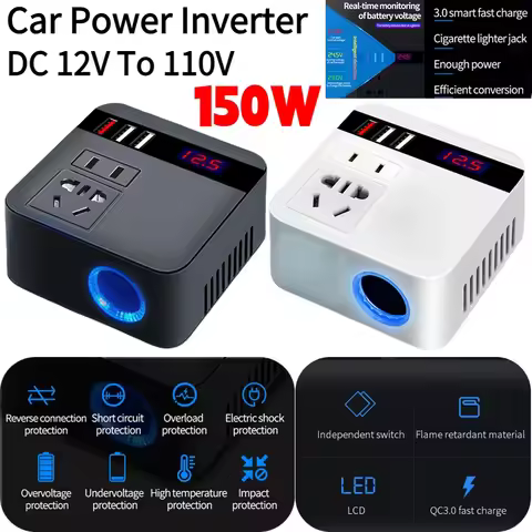 150W Car Power Inverter DC 12V To 110V Pure Sine Wave Inverter Pure Sine Wave With Silent Cooling Fa