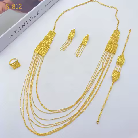 24K Gold Tassel Necklace Bracelet Earrings Ring 4-Piece Set Wedding Women AU999 - 24K forged/AU999,s