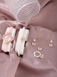 1只兒童菱形極簡時尚經典石英手錶,附有禮品推薦+蝴蝶珍珠珠寶套裝