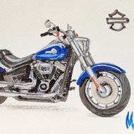 Fat Boy HD Painting Harley Davidson Sport Motorcycle Original Art 2023 Postcard
