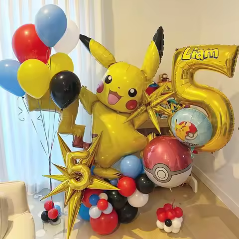 59pcs Cartoon Pokemon Pikachu Theme Foil Balloons Set Gold 1-9 Number Kids Birthday Baby Shower Part