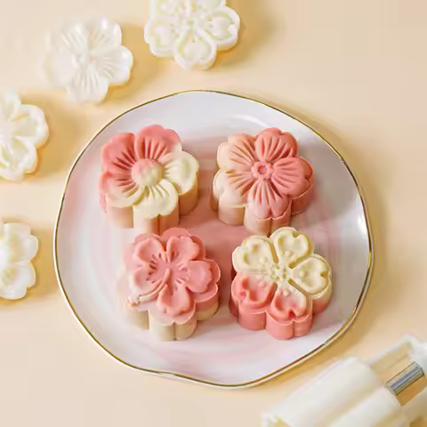 4Pcs/Set Mooncake Mold Cherry Blossom Flowers Sakura Pattern Stamps Hand Press Mold Plungers Pastry 