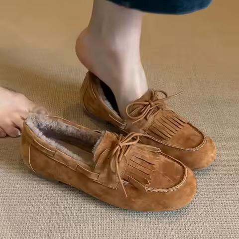 Suede Loafers Shoes Fur Flats Boots Woman 2025 Trend Winter Fashion Designer New Brand Walking Cozy