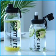 Glass Water Bottle Handle with Straw 1,000ml Large Capacity Glass Water Bottle Transparent Glass Cup