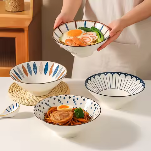 Japanese bucket bowl household premium sense ramen bowl 8 inch large threaded soup bowl ceramic nood