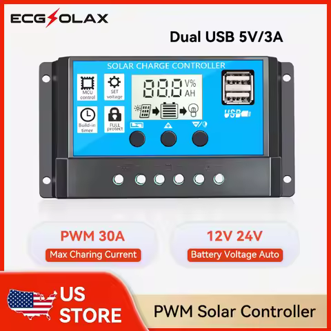 ECGSOLAX PWM Solar Charge Controller 30A 12V 24V Battery Charging Controller PWM 30A Solar Charge Re