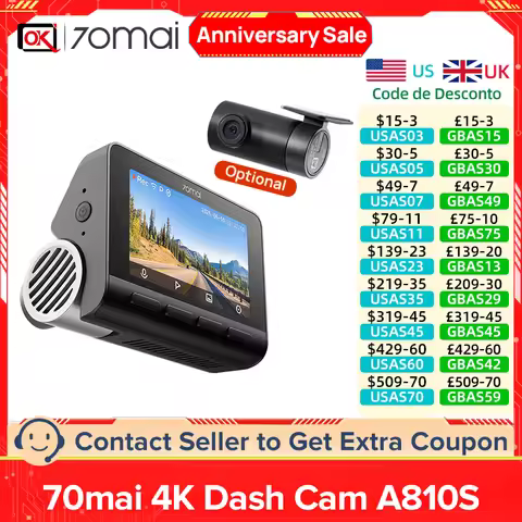 70mai 4K Dash Cam A810S Dual Sensor Front 4K 30FPS Rear 1080P HDR Buffered Emergency Recording Super