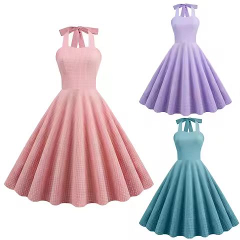 Women Vintage Halterneck Dress Small Grid Retro Rockabilly Cocktail Party 1950s 40S Swing Dress Summ