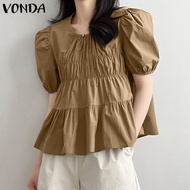 VONDA เสื้อผู้หญิงเสื้อยืดคอกลมลำลองแขนพองหลวมเสื้อมีความยืดหยุ่นจีบเสื้อสีทึบ (ดอกไม้เกาหลี)