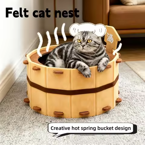 Japanese Onsen-Themed Cat Bed Semi-Enclosed Felt House with Scratcher for 4 Seasons Breathable Cozy 