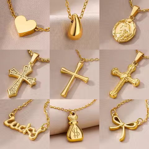 Stainless Steel Cross Necklace for Women Gold Color Cross Pendant Necklace Christian Bless Lucky Wis