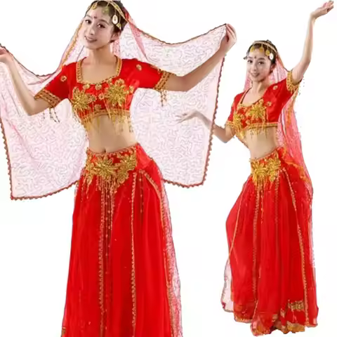 Women Shiny Belly Dance Beaded Tops Harem Pants Set Adult Oriental Indian Sparkly Dancewear Hallowee
