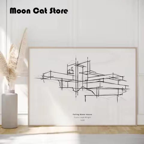Minimalist Frank Wright's Falling Water House Sketch Mid-Century Architecture Poster Canvas Painting