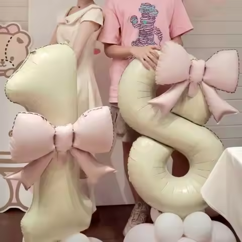 1pc Large Number Pink Foil Balloon With Bow 1 2 3 4 5 6 7 8 9 For Wedding Birthday Party Ballons Jum