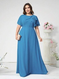 SHEIN Belle 女士優雅的水鳥藍色雪紡面料荷葉袖，肩膀和裙擺褶皺A線大碼伴娘禮服，適合婚禮和其他正式場合