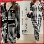 korean style women ladies summer slim knitted v collar long sleeve houndstooth maxi long dress ready