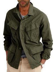 Mens Lightweight Safari Jacket Button Up Cotton Outdoor Military Cargo Long Sleeve Outwear