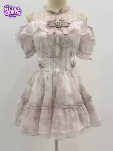 Japanese Sweet Lolita 2-Piece Set Women Pink Slim Fit Lace Top + High Waist Skirt Summer Harajuku Ca