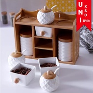 Unixso Kitchen Spice Rack Oil Bottle Ceramic Set Ceramic/ Bamboo/ Aesthetic Bamboo/ 8 pcs | Salt Pep