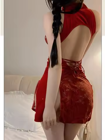 3XL Large Size Cheongsam Uniform Chinese Antique Temptation Pajamas Embroidery See Through Mini Dres