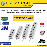 [SG SHOP SELLER] PowerPac 2 Pin Extension Socket Extension cord 2/3/4/5 way  3meter with Safety shutter On/Off Switch