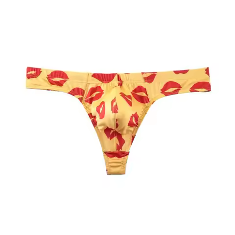 Breathable Ice Silk Men Lip Pattern Thongs with Mouth Print Lingerie Male Briefs Red Lip Low Waisted