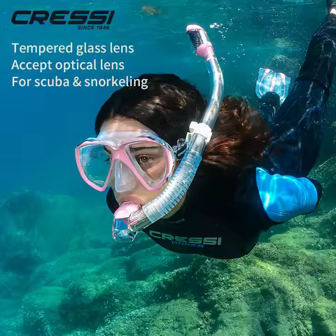 Cressi Diving Mask Swimming Snorkeling Set Dry Snorkel Silicone Skirt Tempered Glass Lens for Adults
