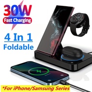 15W ทำงานร่วมกับ iPhone 14 13 12 Samsung S22 S21 Galaxy Apple Watch 8 7 6 5 4-In-1พับได้โทรศัพท์นาฬิกาชุดหูฟังที่ชาร์จแบบไร้สาย