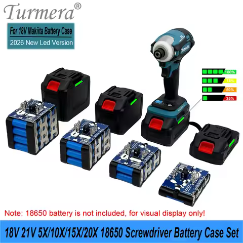 Turmera New 5X 10X 15X 20X 18650 Cores 18V 21V Screwdriver Battery Case Set 35A Max.130A BMS LED Dis