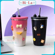 Thermal cup with straw 600ml, Thermos bottle, 304 stainless steel thermos cup keeps heat for 8-10 ho