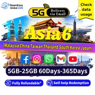 Asia6 eSIM Malaysia China Thailand Japan SK TaiWan eSIM 5GB-25GB 60-365 Days High Speed|Data SIM 5G/