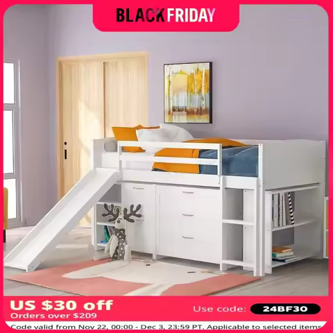 Loft Bed with 5 Drawers,5 Shelves, Slide and Ladder, Twin Size Loft Bed for Family, Teens, No Box Sp