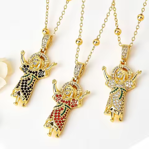 Luxury Zircon Divino Niño Pendant Necklace Bead Chain Holy Child Jesus Religious Hip Hop Jewelry For